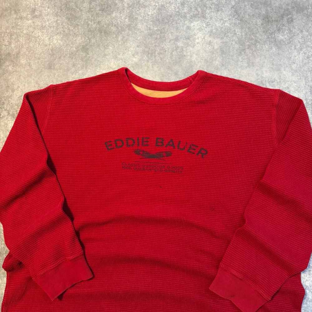 Eddie Bauer Mens XXL Red Waffle Knit Thermal Long Sleeve Graphic T-Shirt Cotton